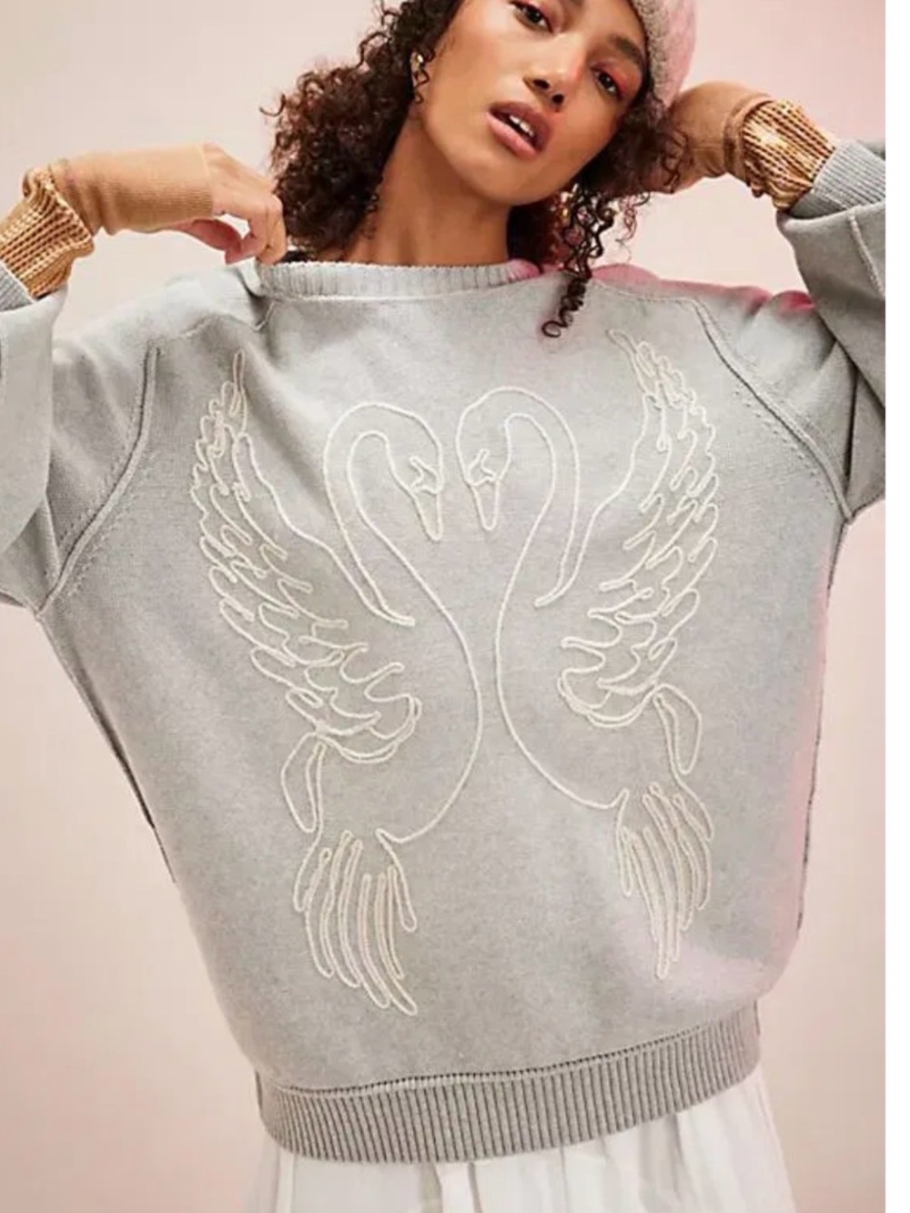 We The Free Grey Crewneck Sweater with Swan Embroidery - Picture 4 of 9
